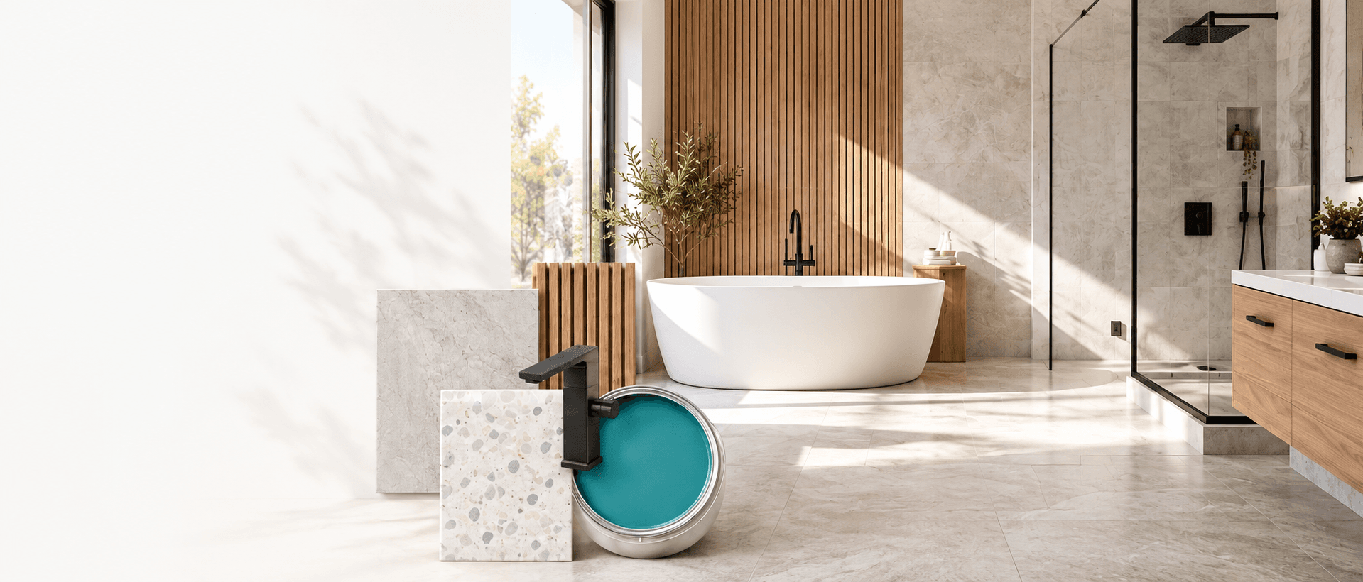 A bright completed bathroom with renovation material samples